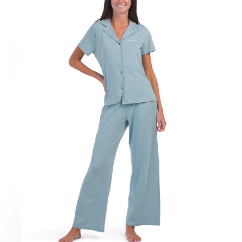 CK L Slate Seafoam Blue Modal Blend Notched Collar Short Sleeve Top Wide Leg PJ